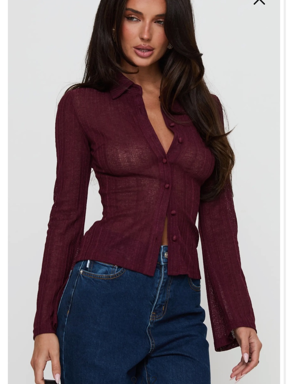 Princess Polly Burgundy Sheer Button-Front Long Sleeve Top